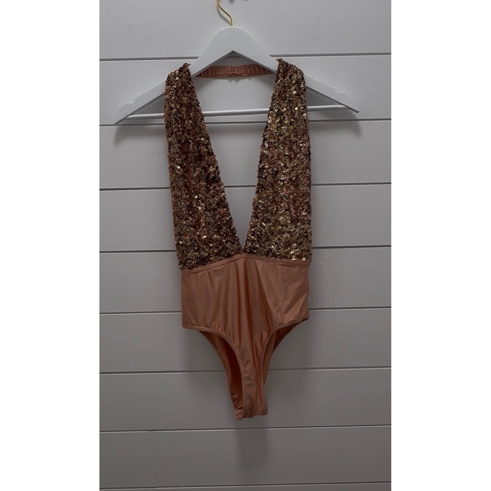 Out From Under Sequin Super Plunge Bodysuit Size Small